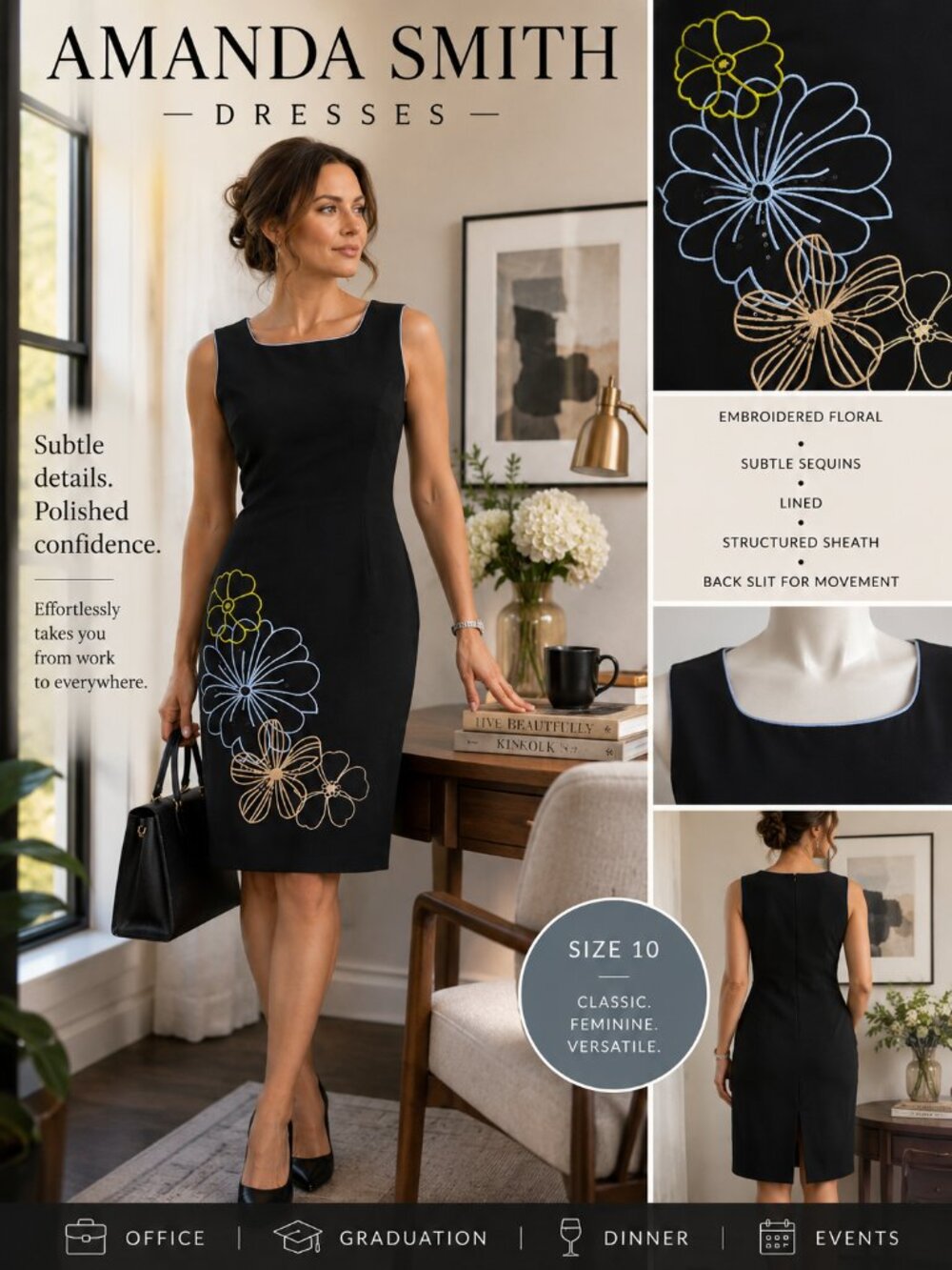 Amanda Smith Black Floral Embroidered Sheath Dress Quiet Luxury Size 10